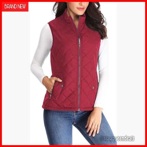 Quilted Puffer Vest with Zipper Pockets Lightweight Winter Outerwear